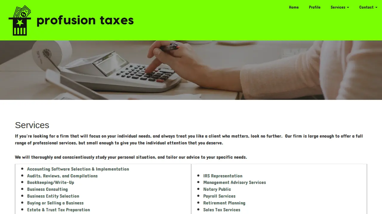 Profusion Taxes page