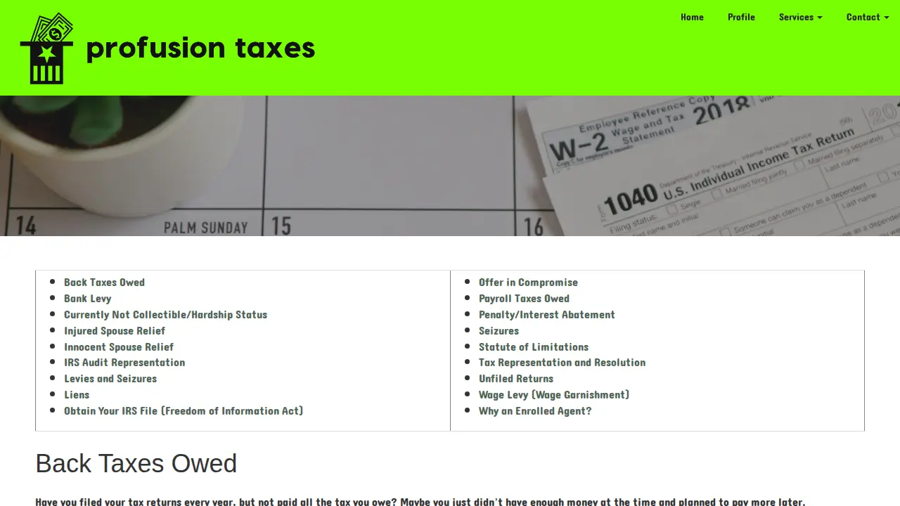 Profusion Taxes page
