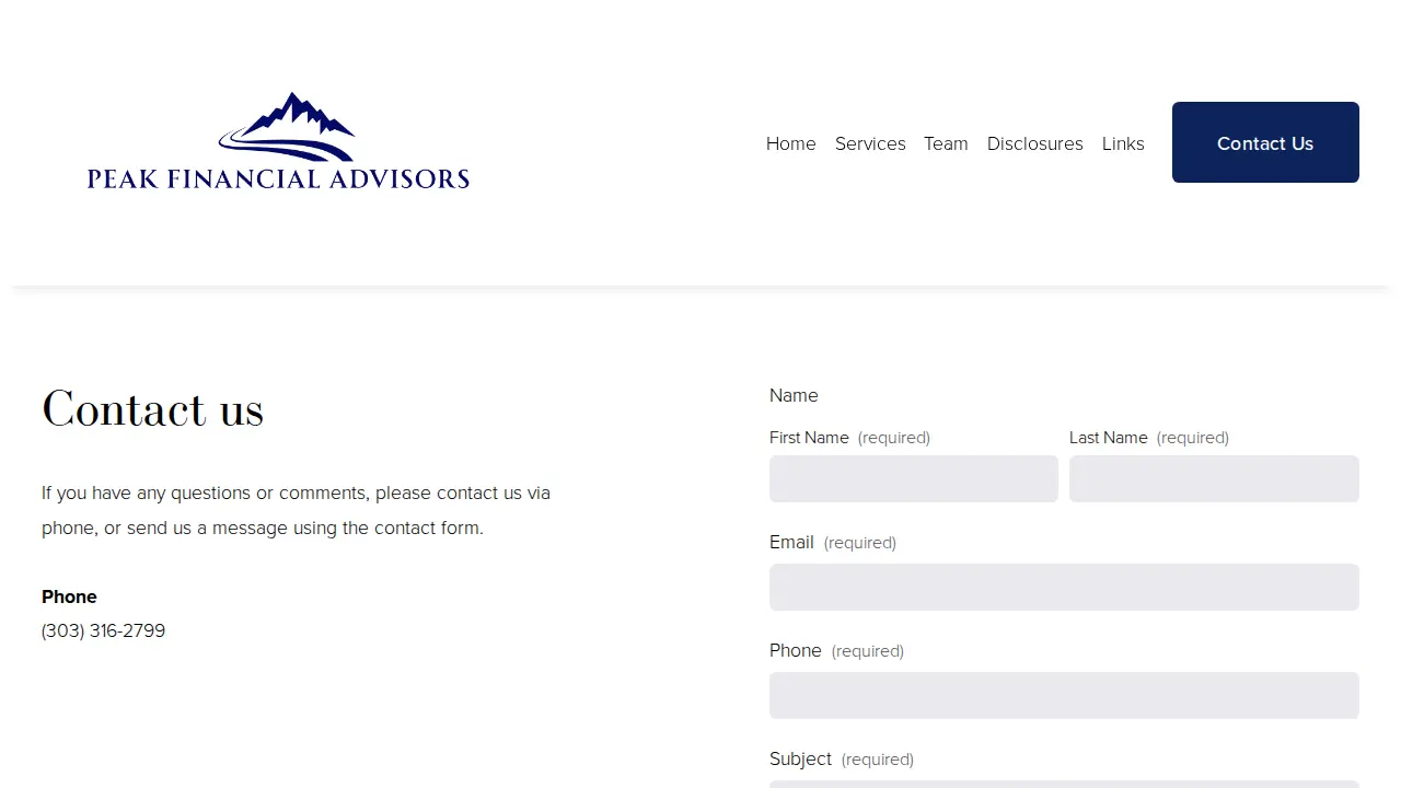 Peak Financial Advisors page