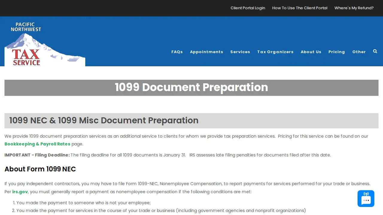 Pacific Northwest Tax Service page