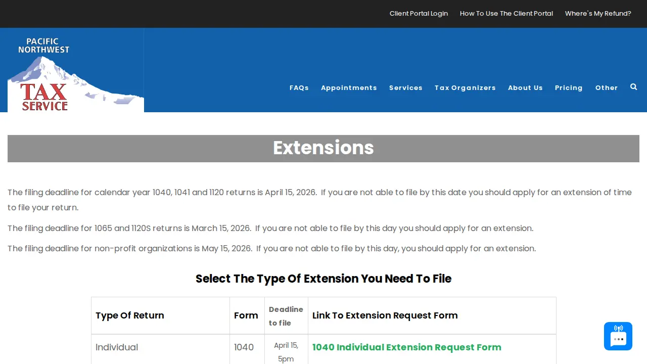 Pacific Northwest Tax Service page