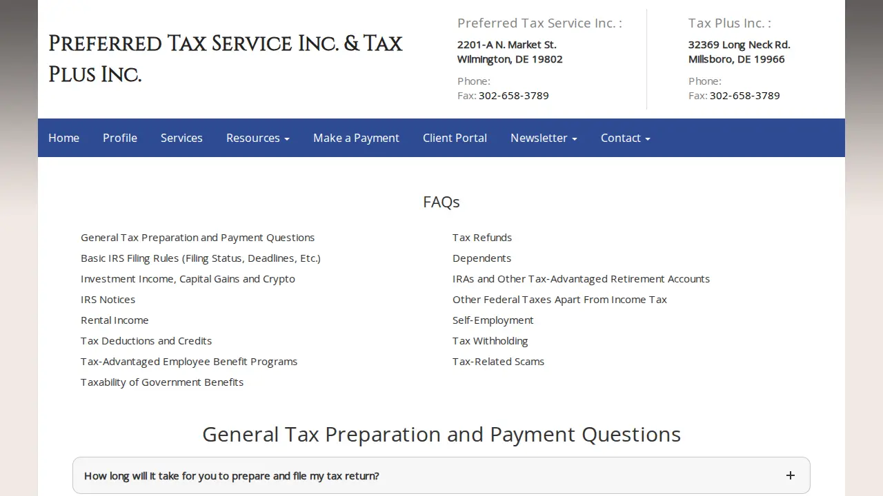 Preferred Tax Services page