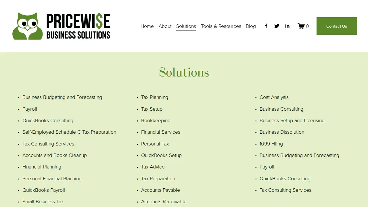 Pricewise Business Solutions page