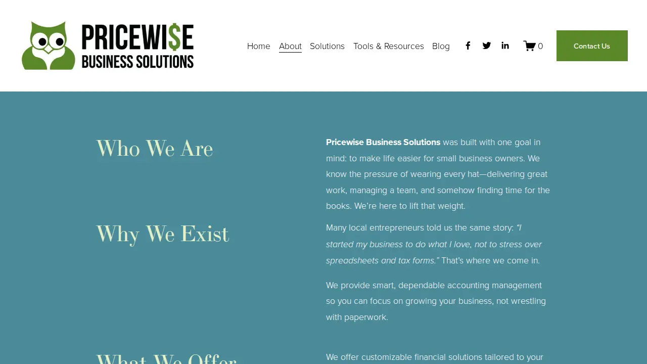Pricewise Business Solutions page