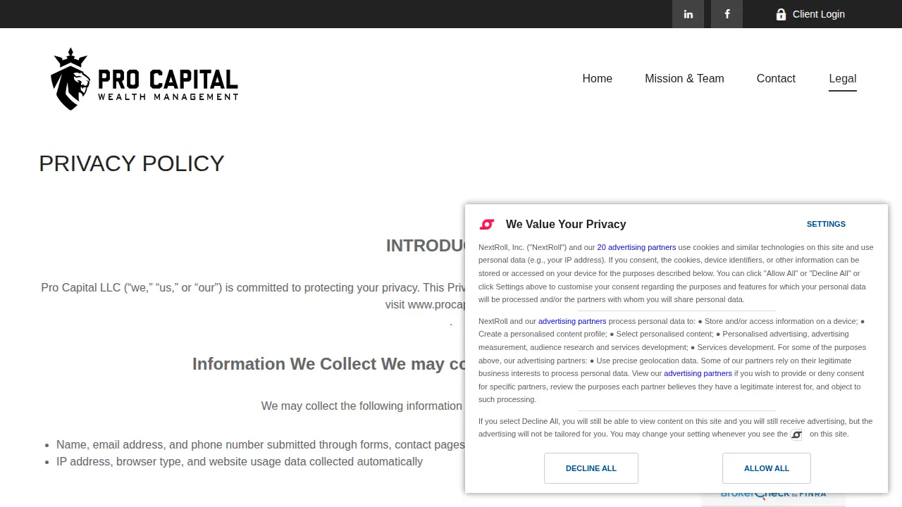 Pro Capital Wealth Management page