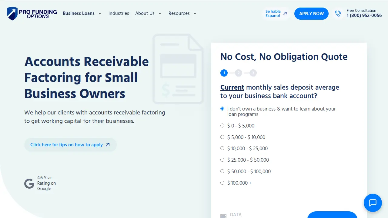 Pro Funding Options page