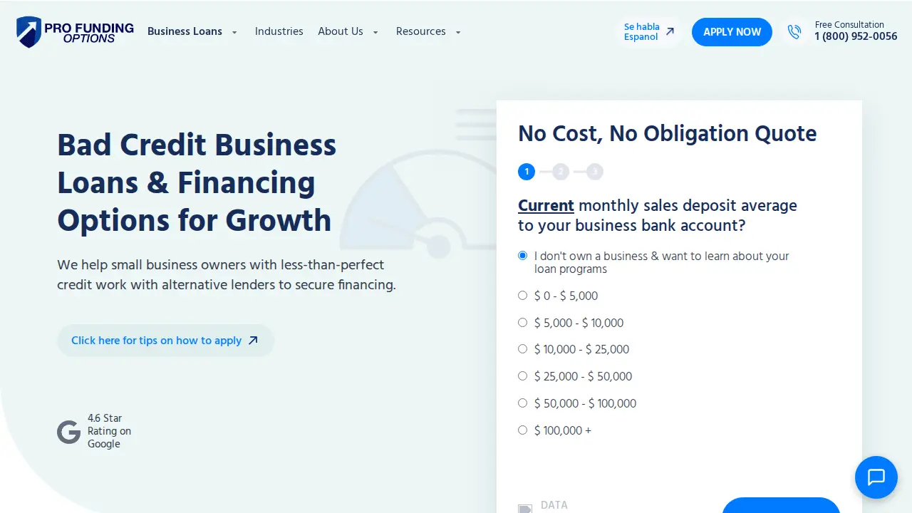 Pro Funding Options page