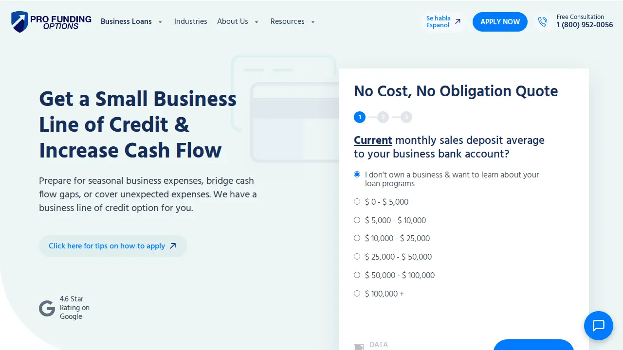 Pro Funding Options page