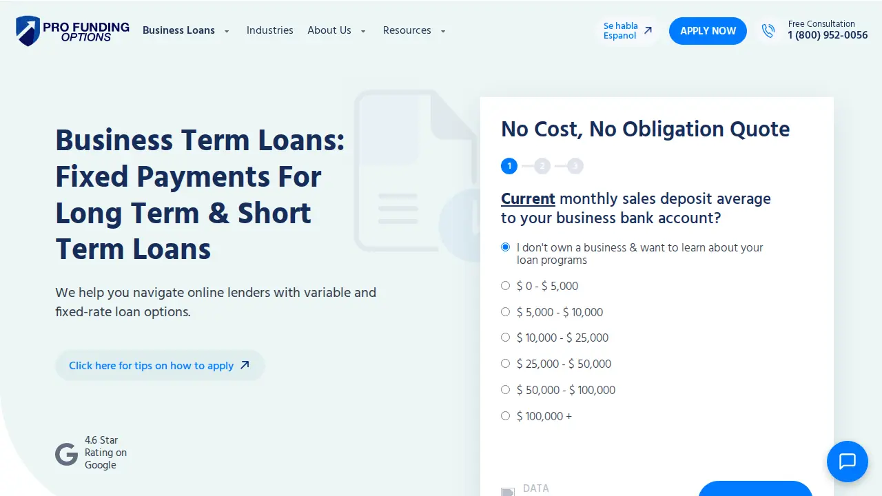 Pro Funding Options page