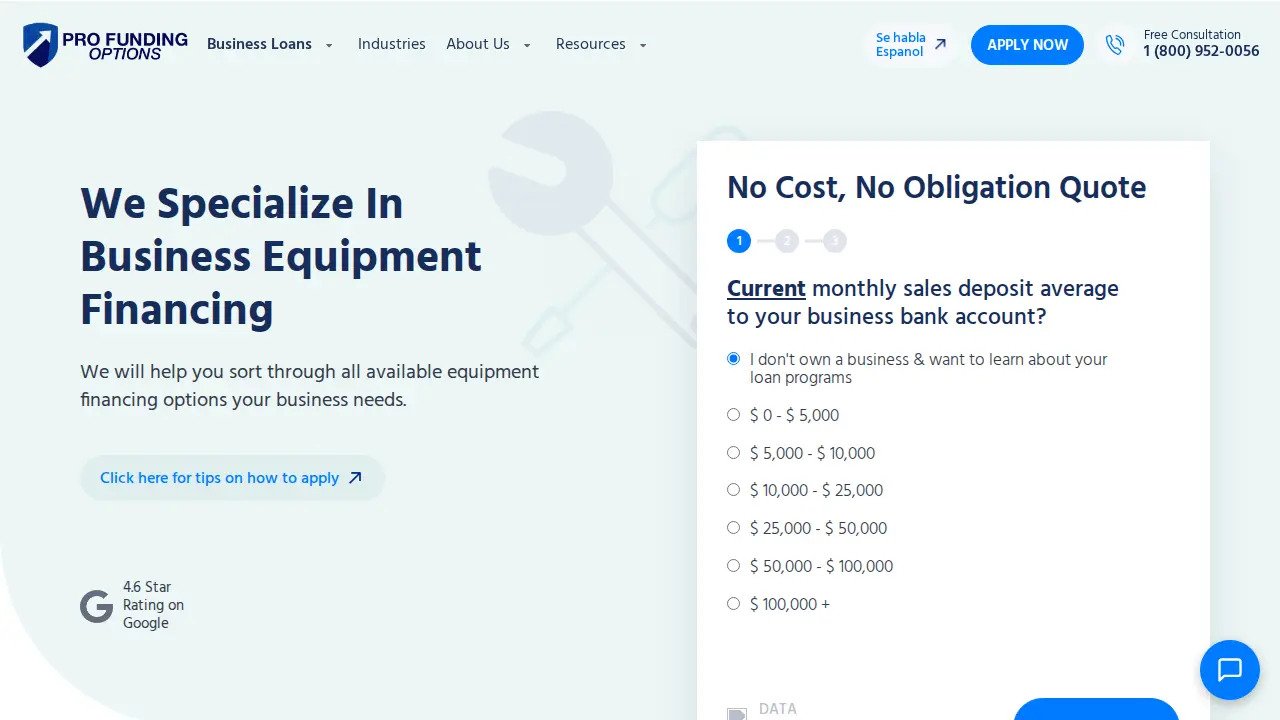Pro Funding Options page