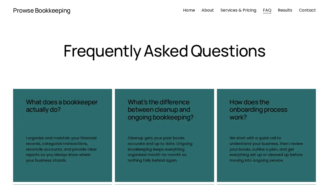 Prowse Bookkeeping page