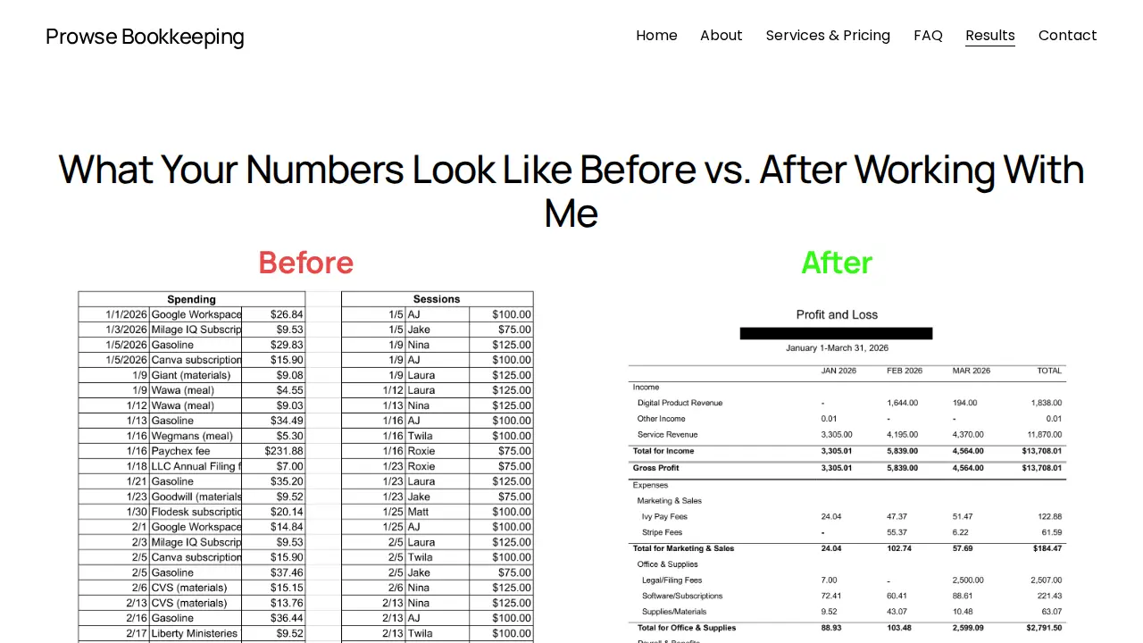 Prowse Bookkeeping page