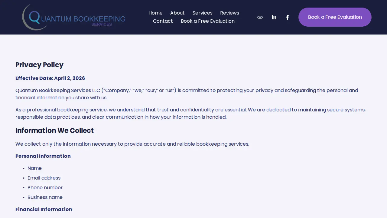 Quantum Bookkeeping Services page