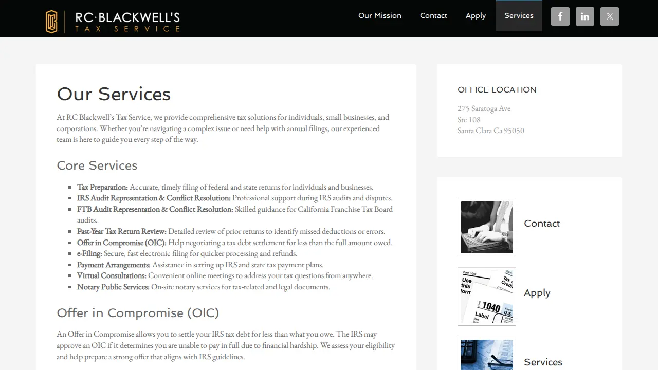 RC Blackwell's Tax Service page