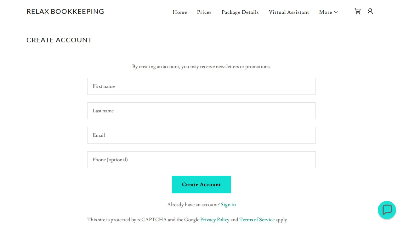 Relax Bookkeeping page