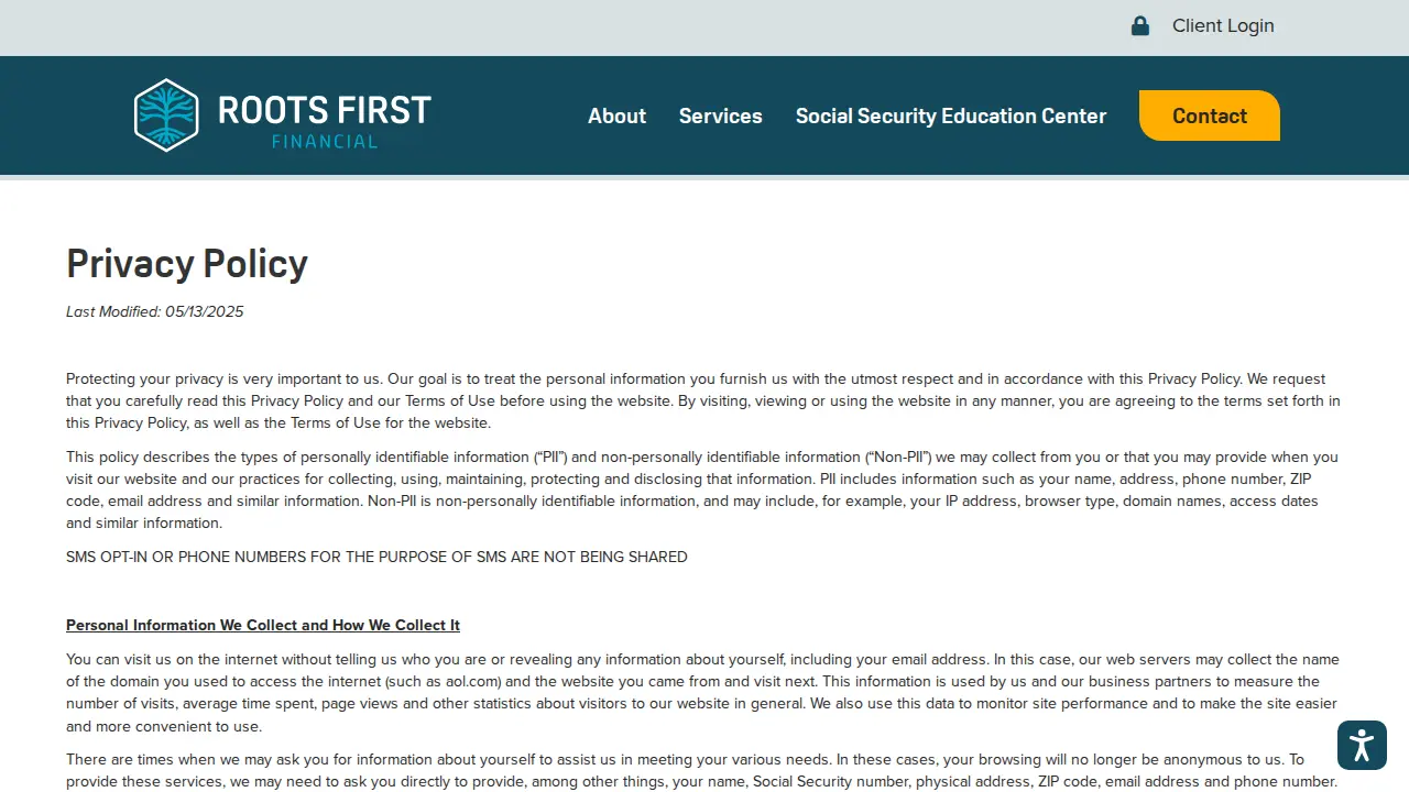Roots First Financial page