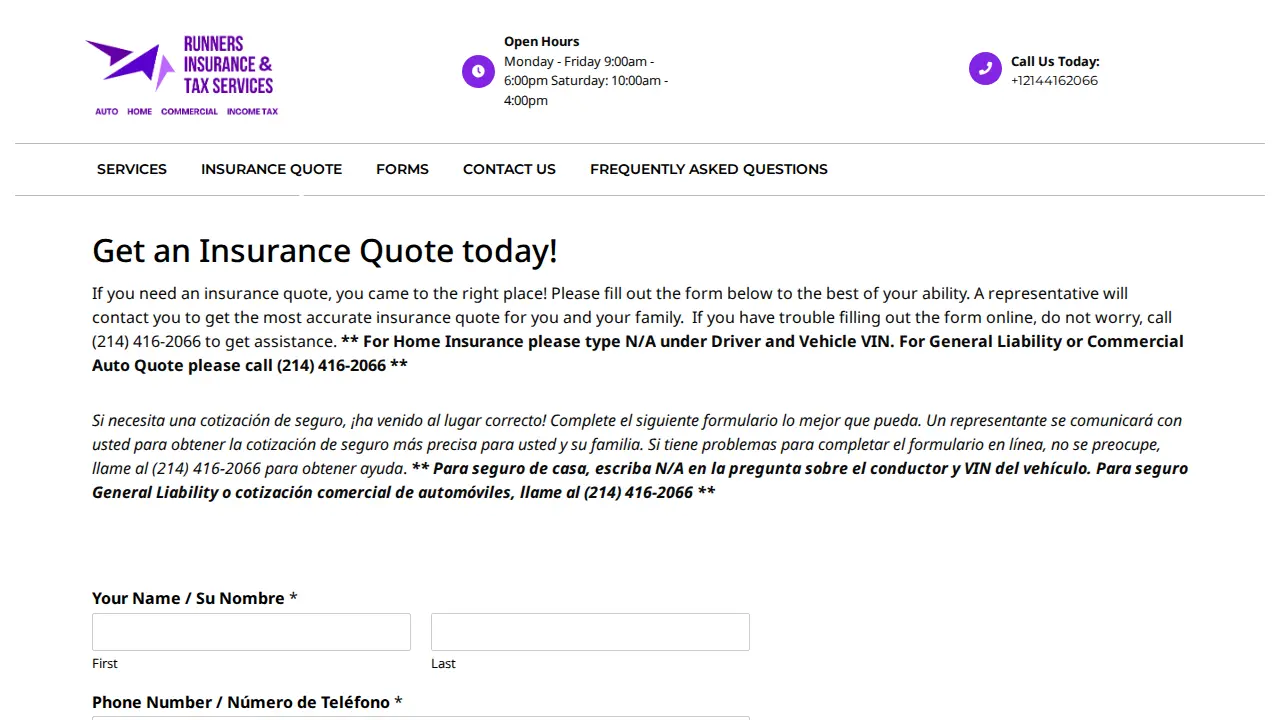 Runners Insurance & Tax Services page