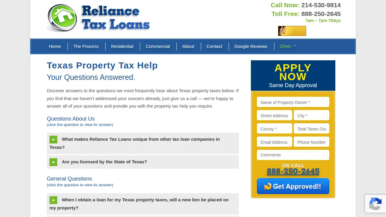 Reliance Tax Loans, LLC page