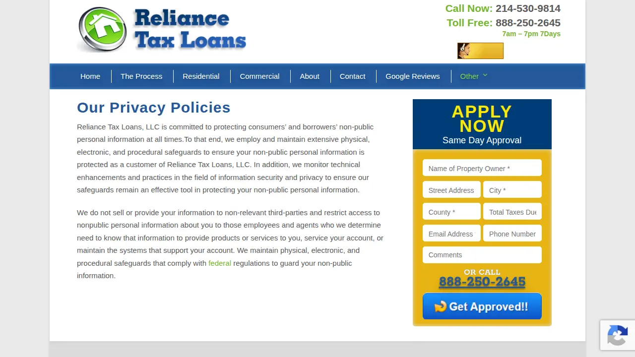 Reliance Tax Loans, LLC page