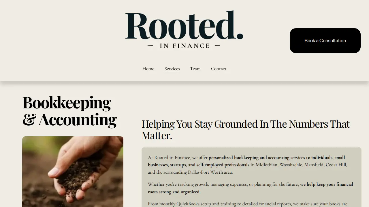 Rooted in Finance | CPA, Bookkeeping, & Tax Services page