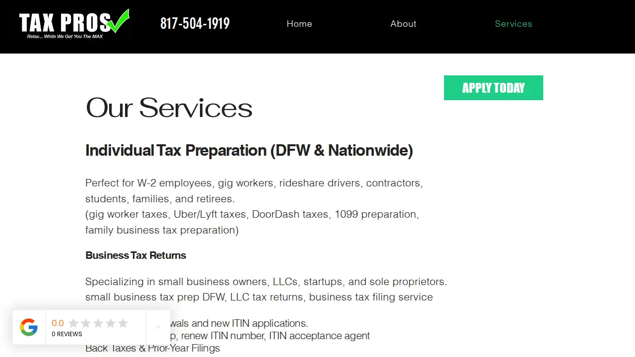 Tax Pros DFW page