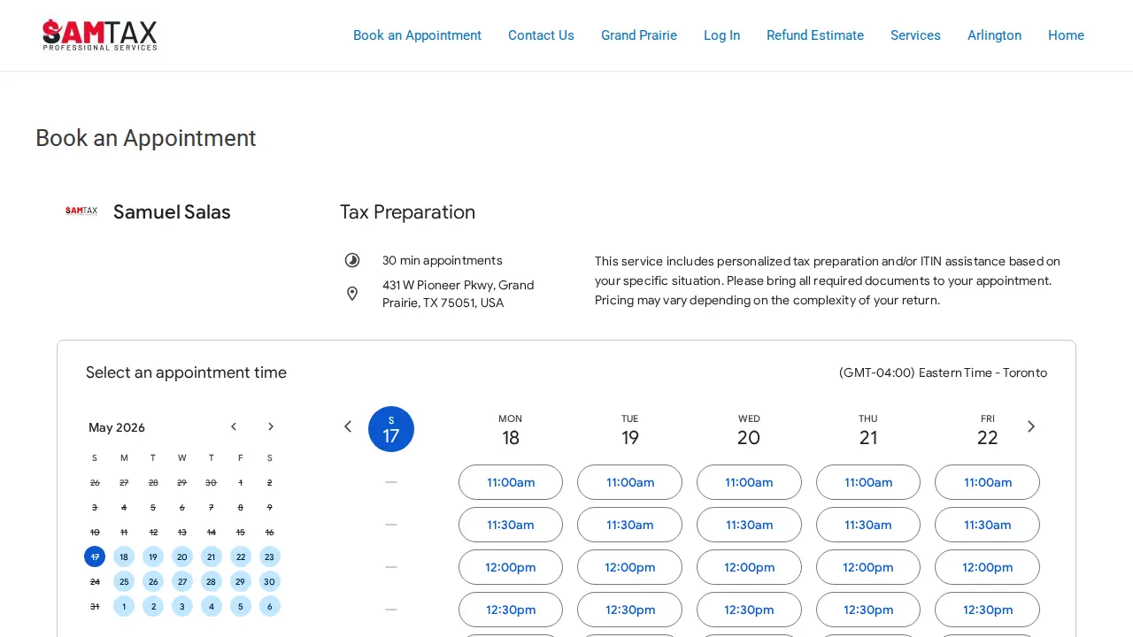 SamTax Professional Services page