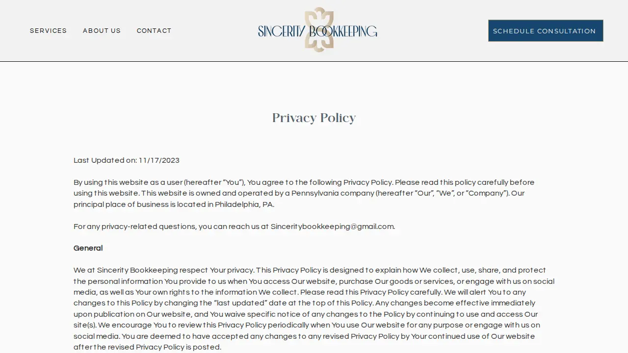 Sincerity Bookkeeping page
