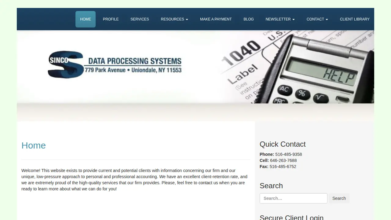 Sinco Data Processing Systems page