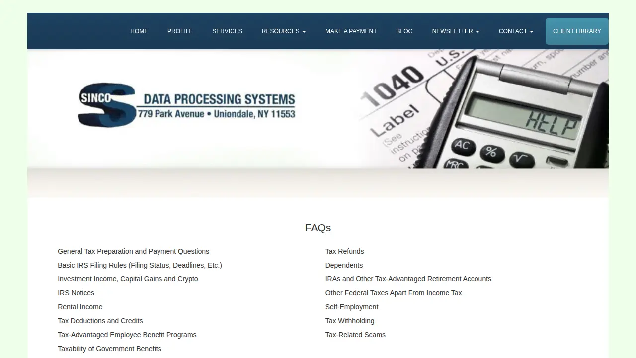 Sinco Data Processing Systems page
