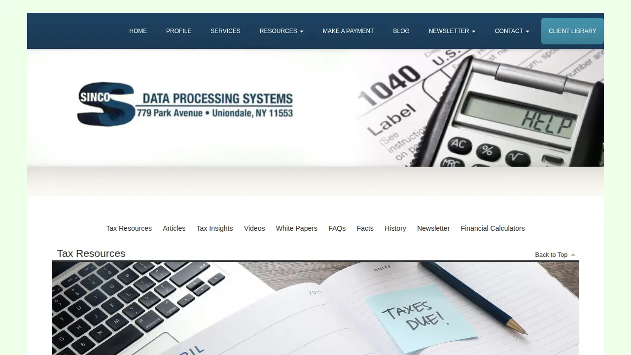 Sinco Data Processing Systems page
