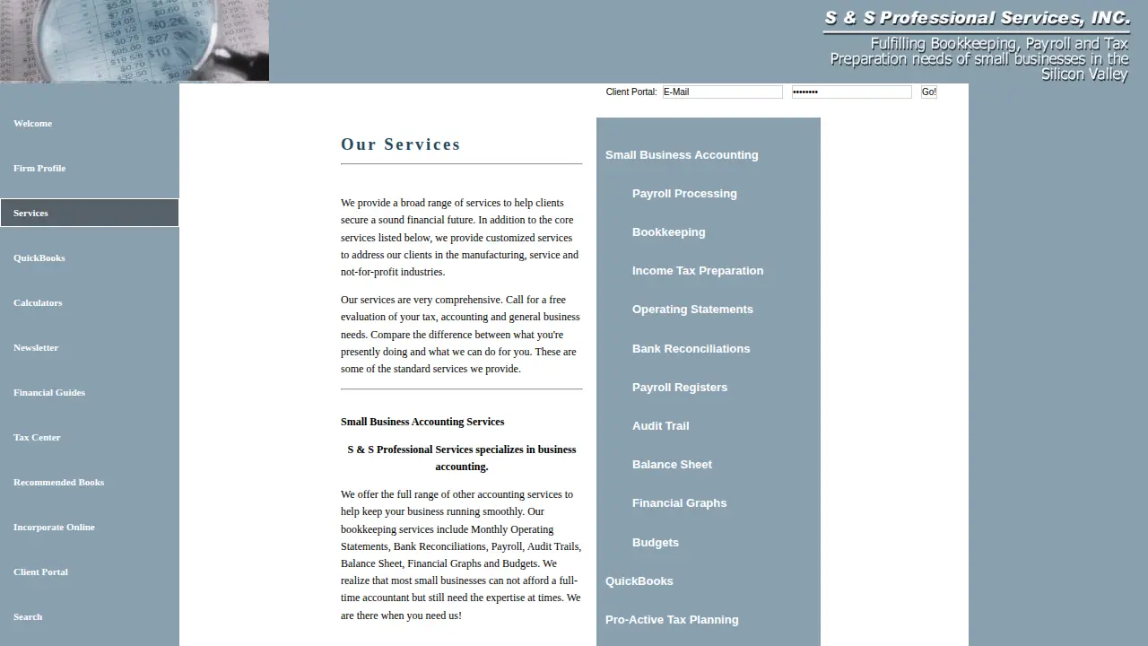 S & S Professional Services page