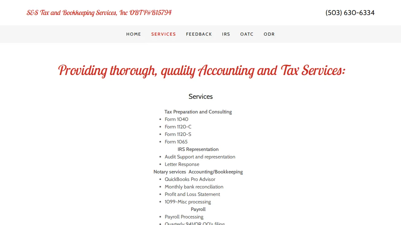 S & S Tax & Bookkeeping Services page