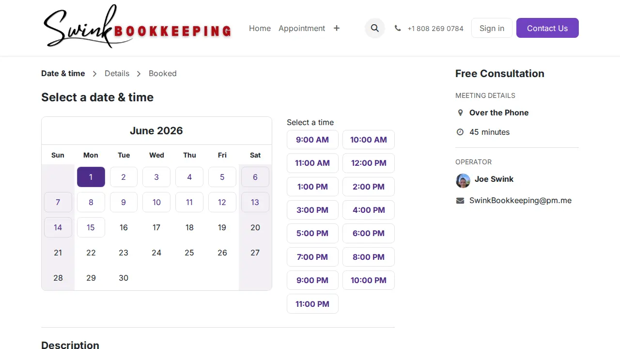 Swink Bookkeeping page