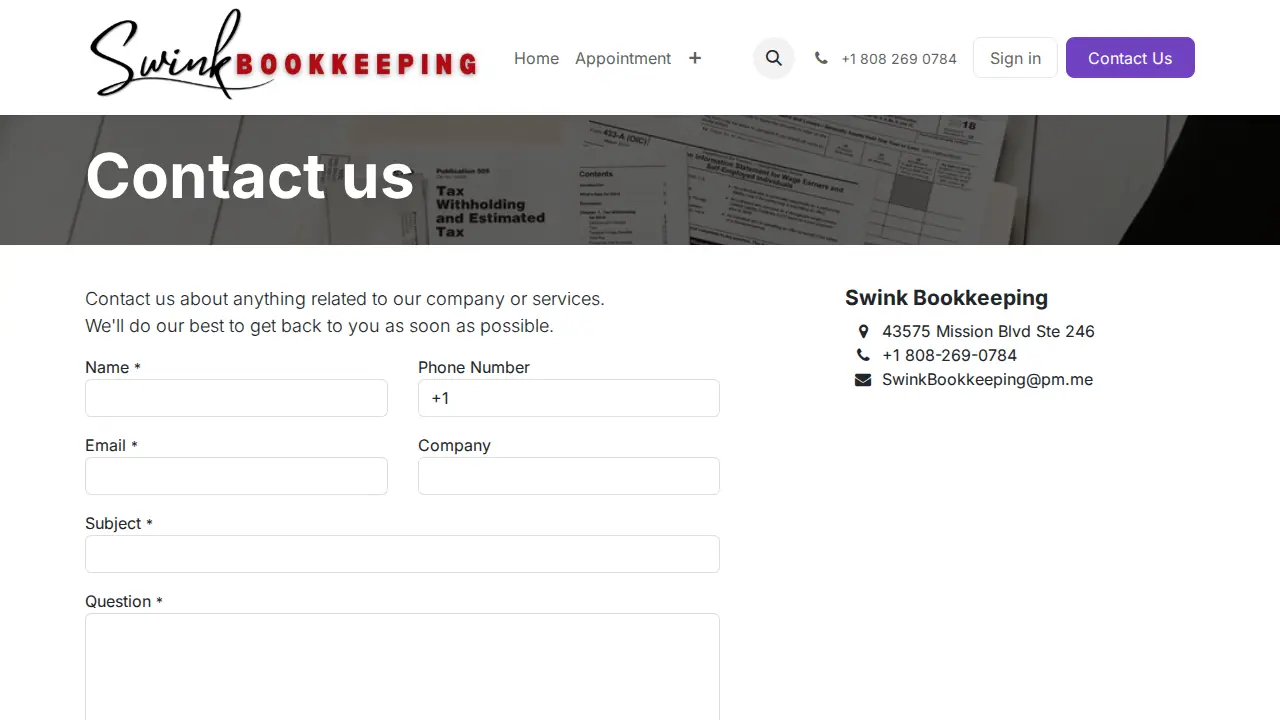 Swink Bookkeeping page