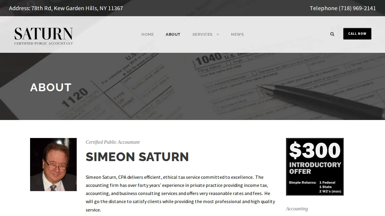 Simeon Saturn, CPA, Tax Return Preparation, Tax Filing, Tax Service page