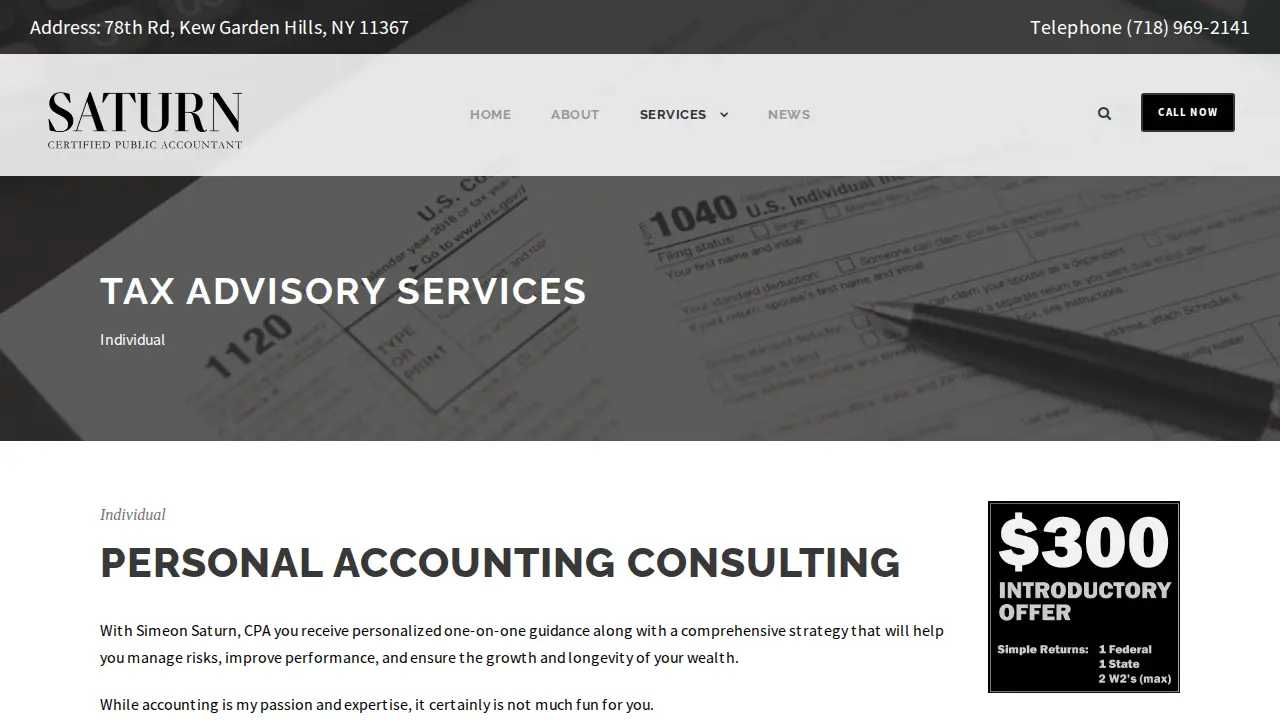 Simeon Saturn, CPA, Tax Return Preparation, Tax Filing, Tax Service page