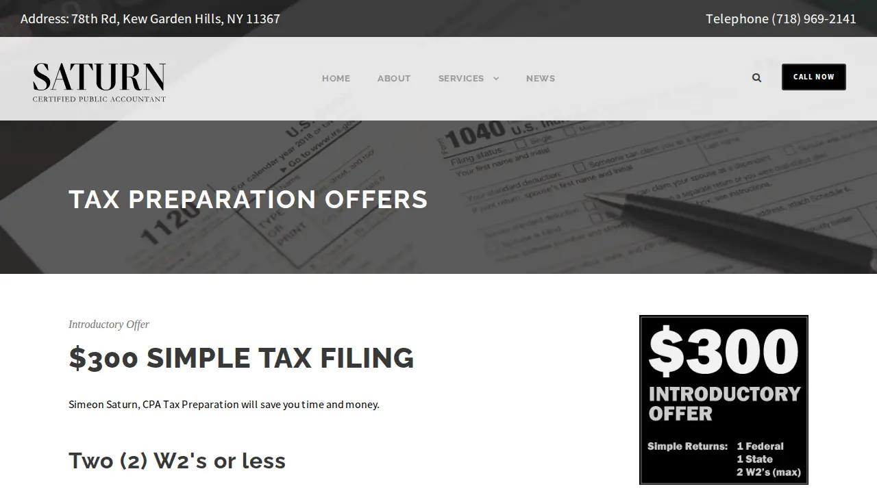 Simeon Saturn, CPA, Tax Return Preparation, Tax Filing, Tax Service page
