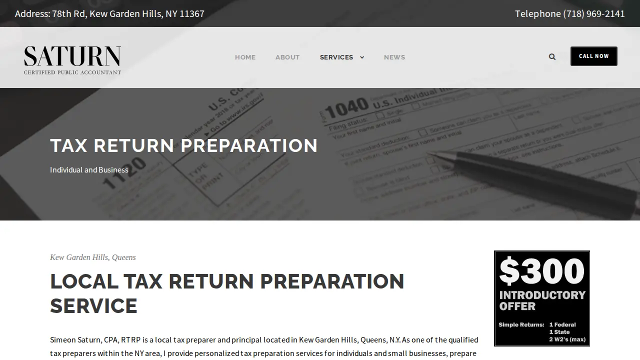 Simeon Saturn, CPA, Tax Return Preparation, Tax Filing, Tax Service page