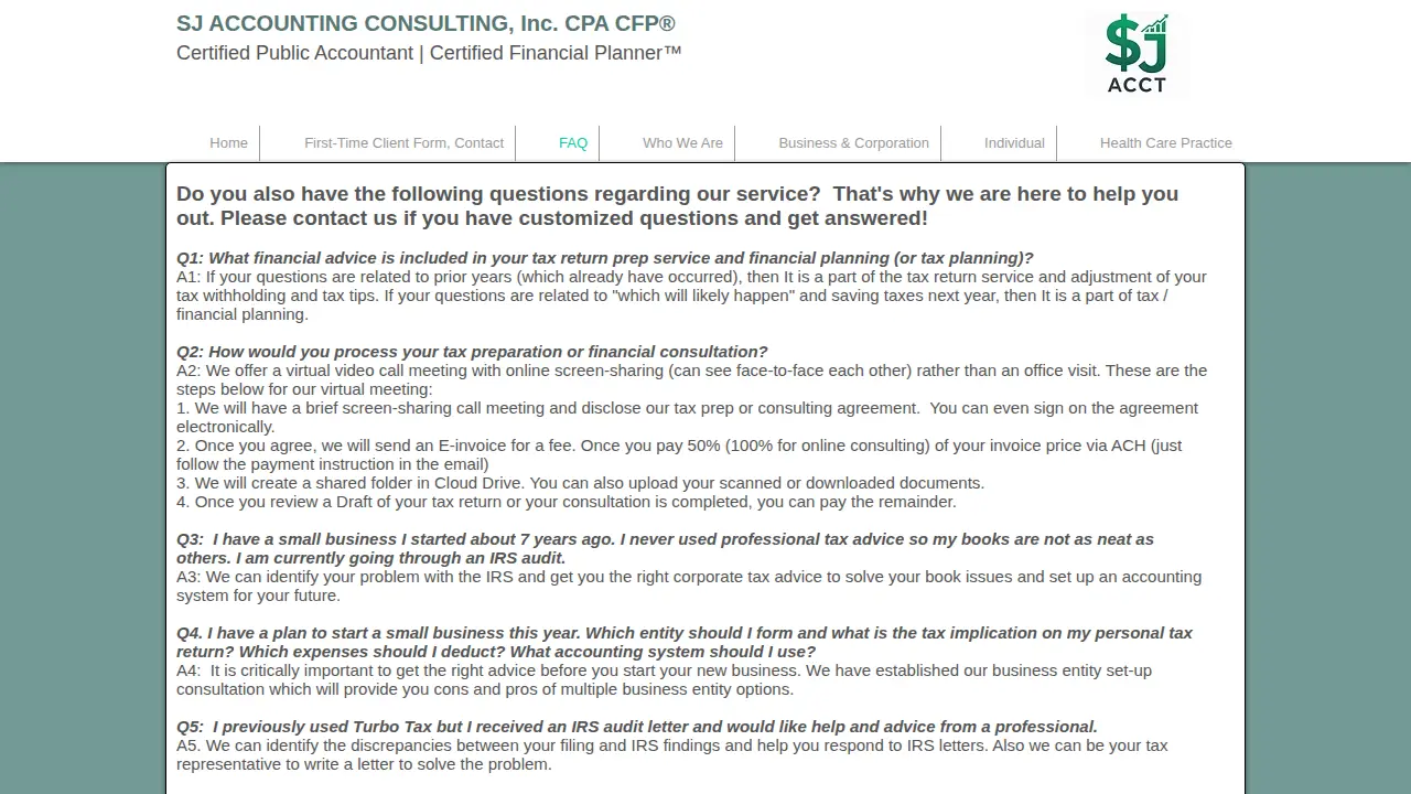SJ Accounting Consulting CPA CFP page