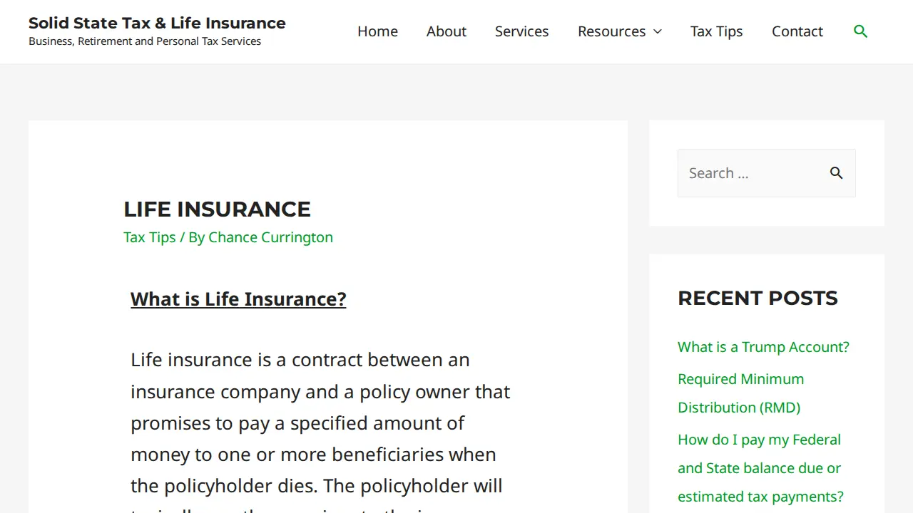 Solid State Tax & Life Insurance page
