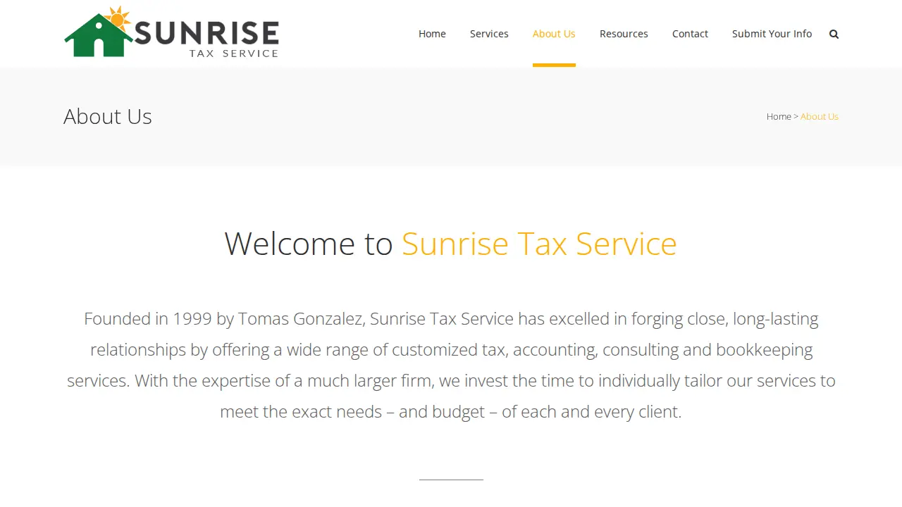 Sunrise Tax Pro Services page
