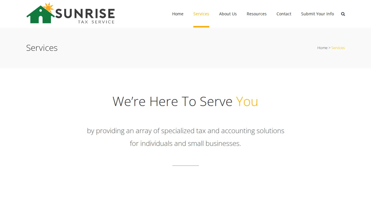 Sunrise Tax Pro Services page