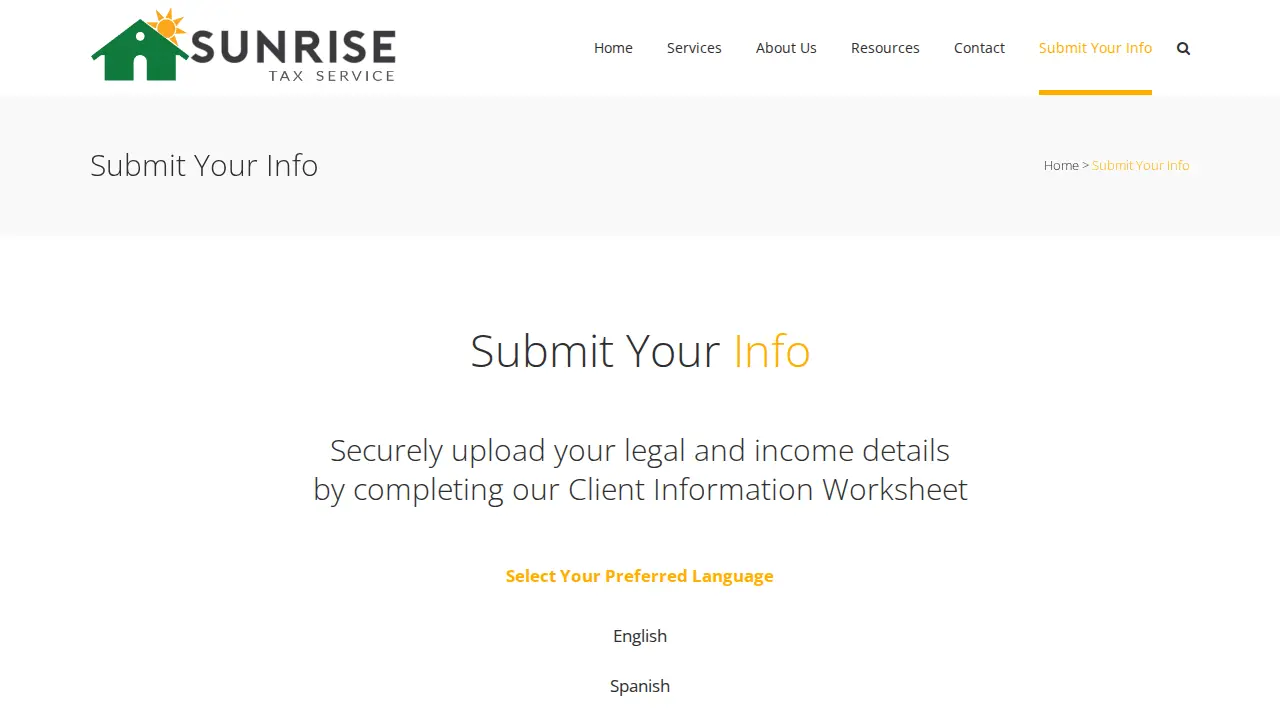 Sunrise Tax Pro Services page