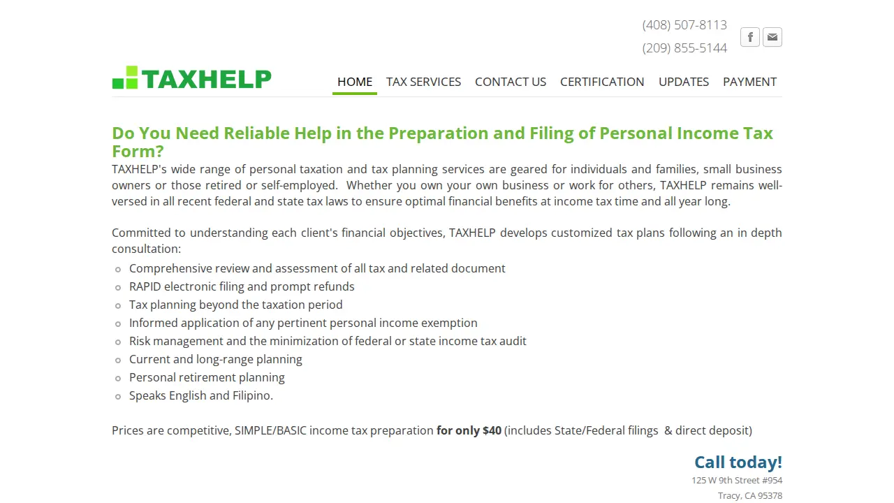 TAXHELP - Income Tax Preparation page