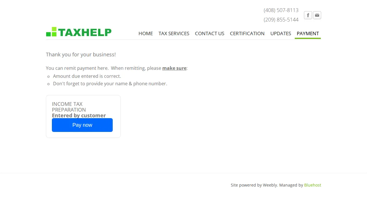 TAXHELP - Income Tax Preparation page