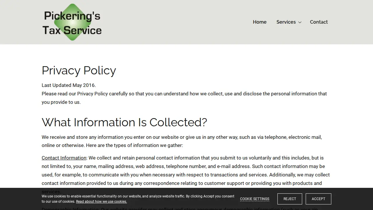 Pickering's Tax Service page