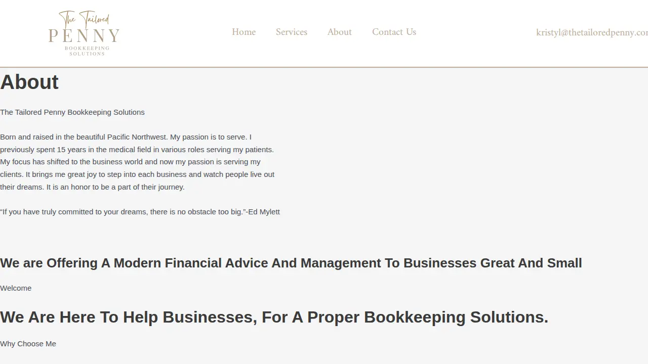 The Tailored Penny Bookkeeping Solutions page