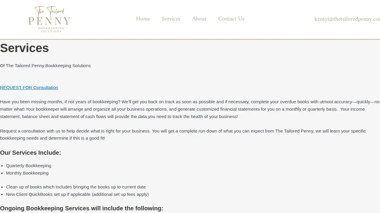 The Tailored Penny Bookkeeping Solutions page
