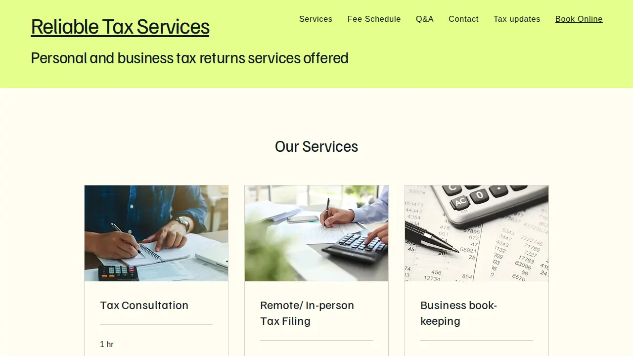 Reliable Tax Services page