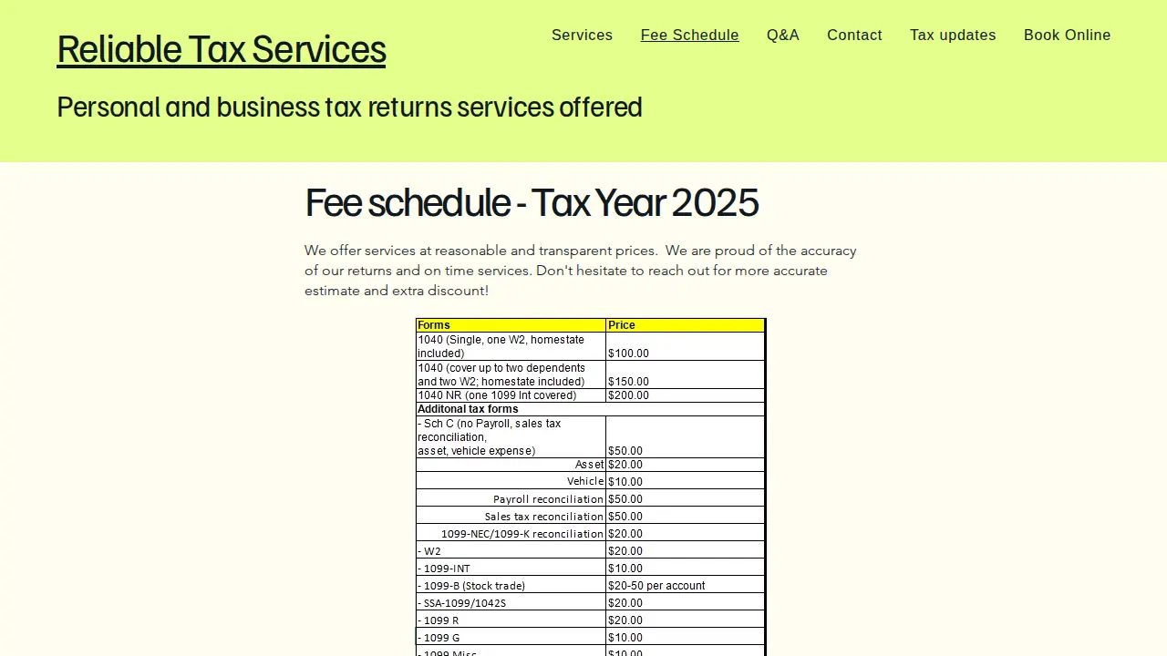 Reliable Tax Services page